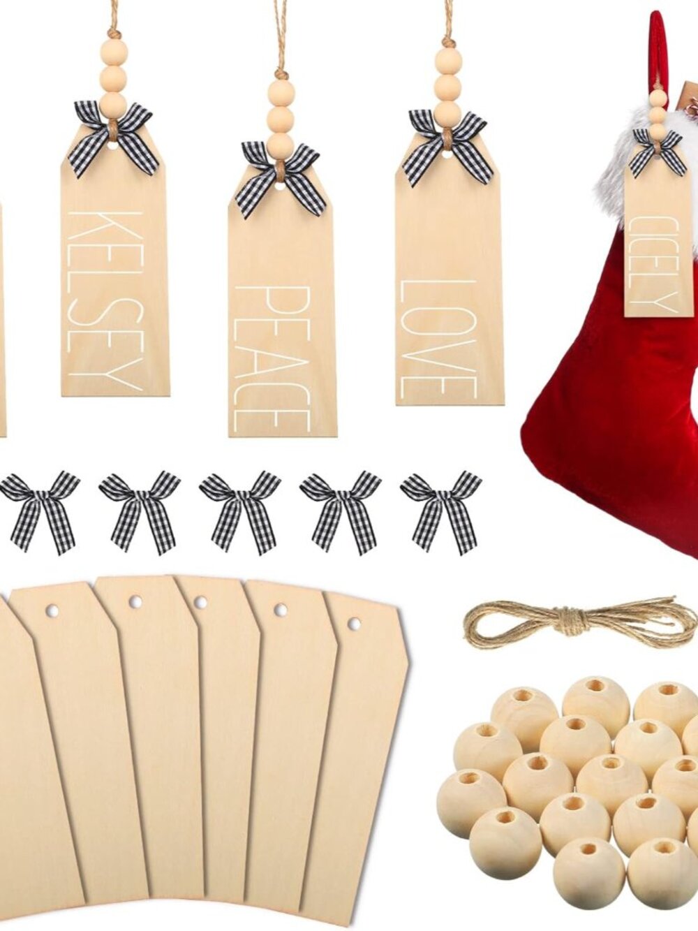 6 Pieces Christmas Wood Stocking Name Tags, Natural Color